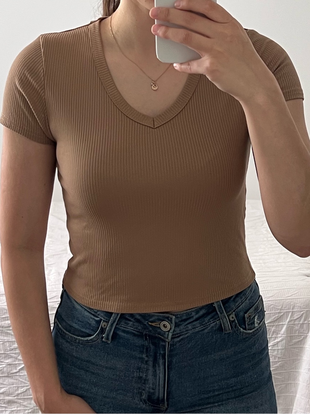 Olivia Rae Ribbed V-Neck Crop Top in Brown